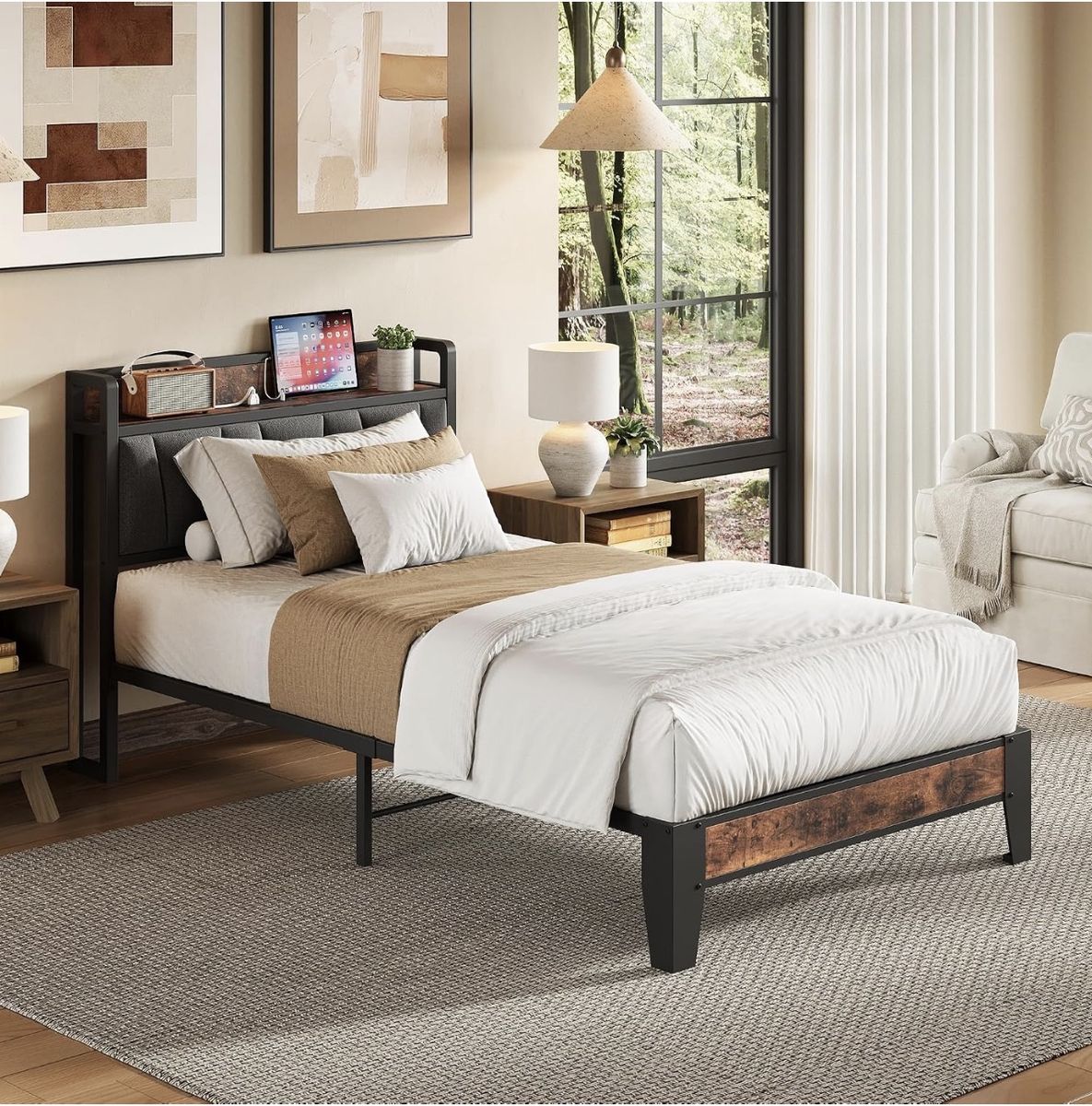 LIKIMIO Twin Size Bed Frame with Storage Headboard and Charging Station