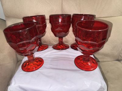 Viking Georgian Ruby Red Glass 6900 Water Wine Goblets - Set of 5, 5.5" Tall Stemmed Glassware
