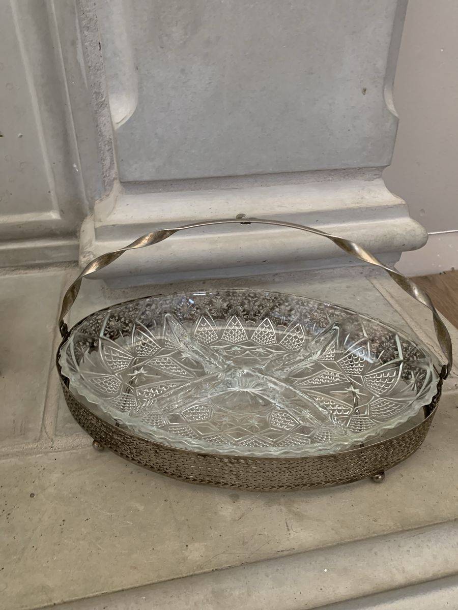 Vintage Cut Glass Divided Relish Dish in Silver Tone Metal Caddy Tray with Handle