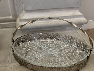 Vintage Cut Glass Divided Relish Dish in Silver Tone Metal Caddy Tray with Handle