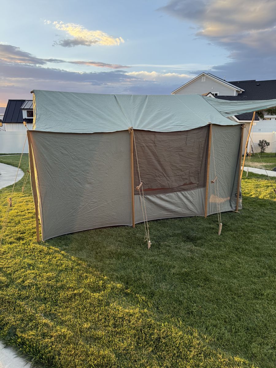 Vintage Canvas Wall Tent with Poles and Awning