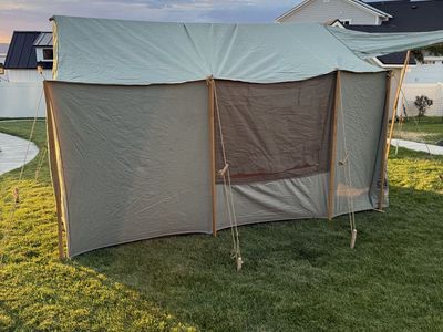 Vintage Canvas Wall Tent with Poles and Awning