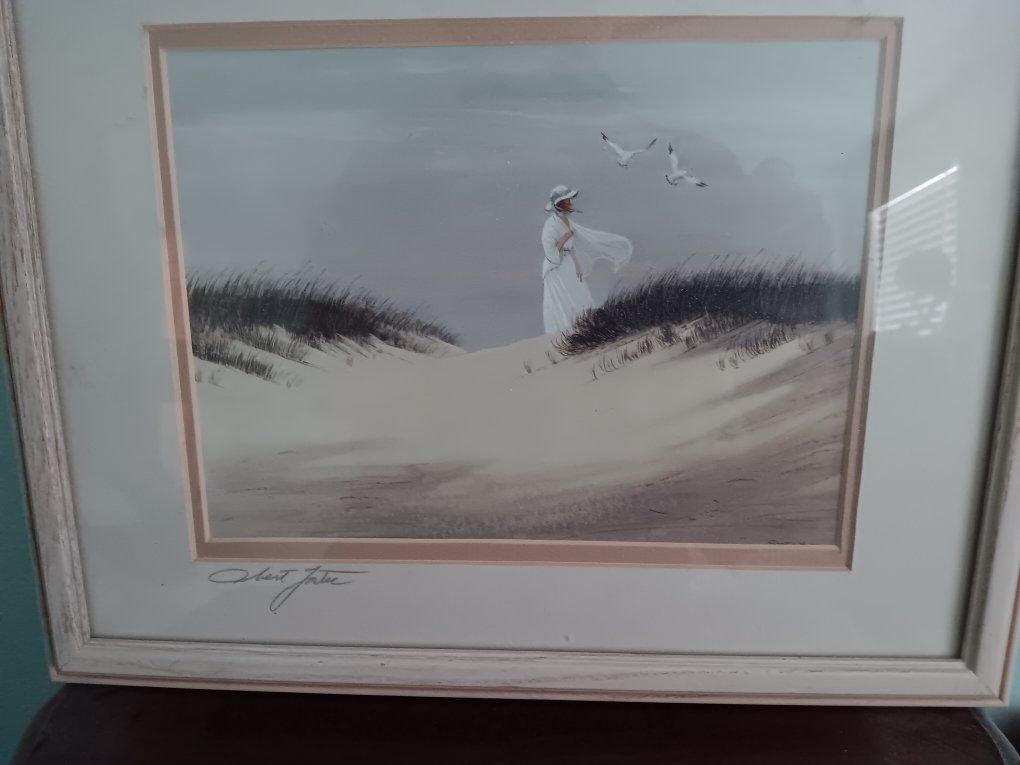 Framed Coastal Scene Art Print with Woman in White by Albert Jakes