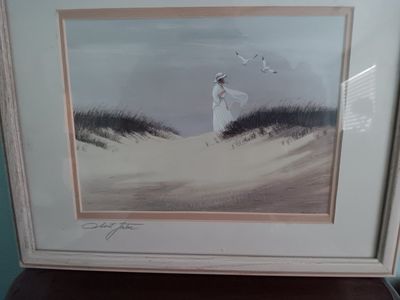 Framed Coastal Scene Art Print with Woman in White by Albert Jakes