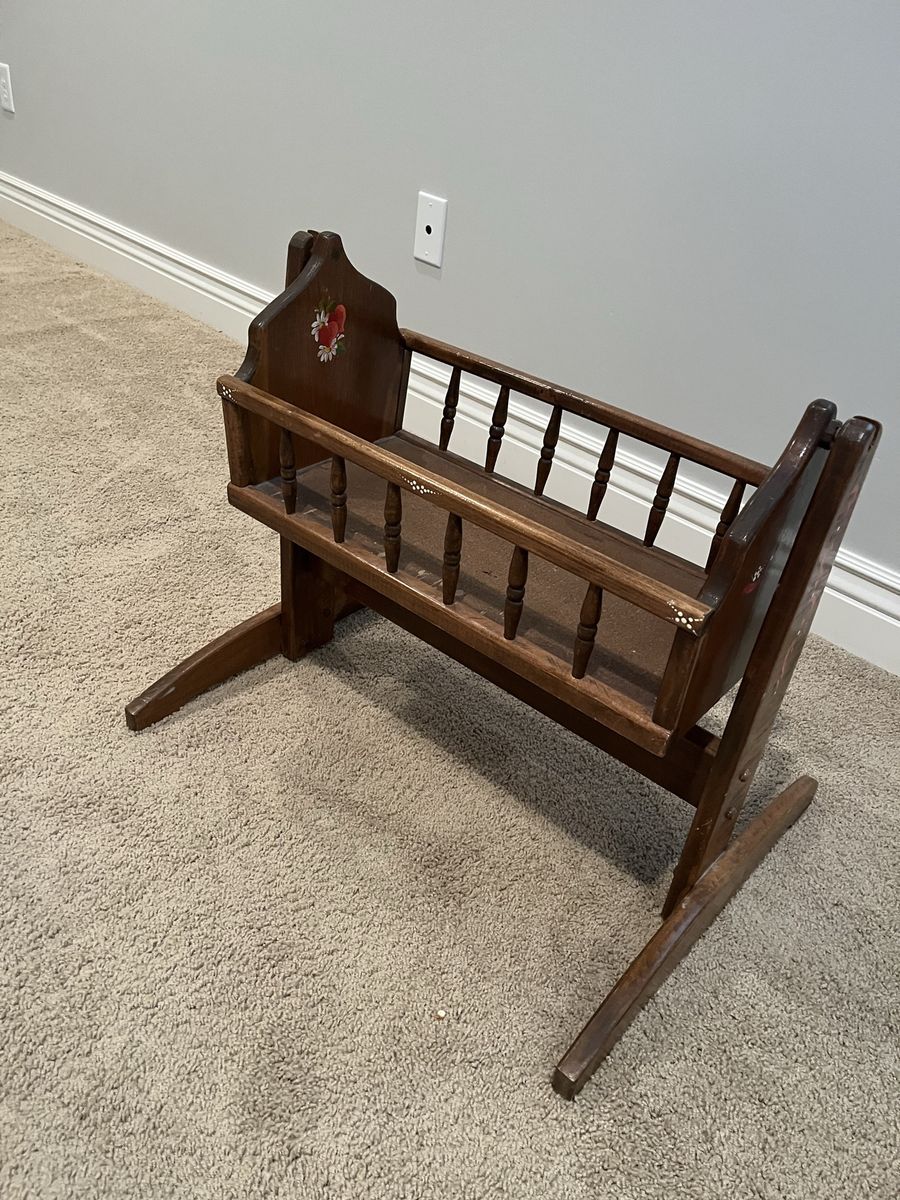 Vintage Hand-Painted Wooden Doll Cradle Rocking Bed