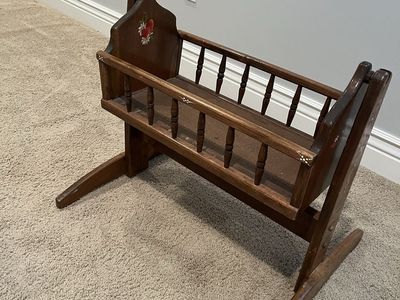 Vintage Hand-Painted Wooden Doll Cradle Rocking Bed