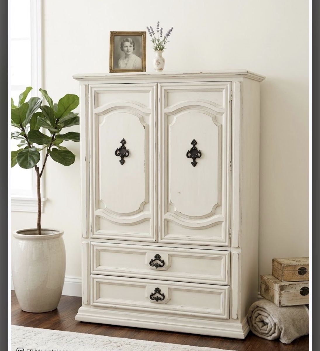 Shabby Chic White Armoire/Wardrobe - Storage Cabinet with Drawers and Ornate Hardware