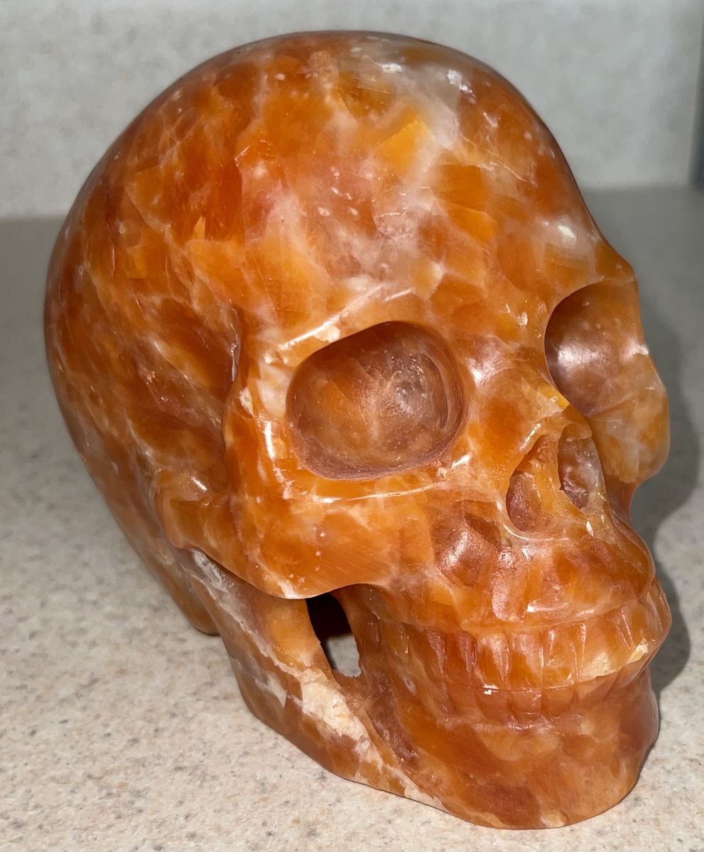 NEW Crystal 5" Skeleton SKULL Natural Calcite Orange Sunstone QUARTZ Stone Home Decor Decoration Figurine Statue Collectible