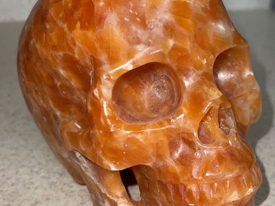 NEW Crystal 5" Skeleton SKULL Natural Calcite Orange Sunstone QUARTZ Stone Home Decor Decoration Figurine Statue Collectible