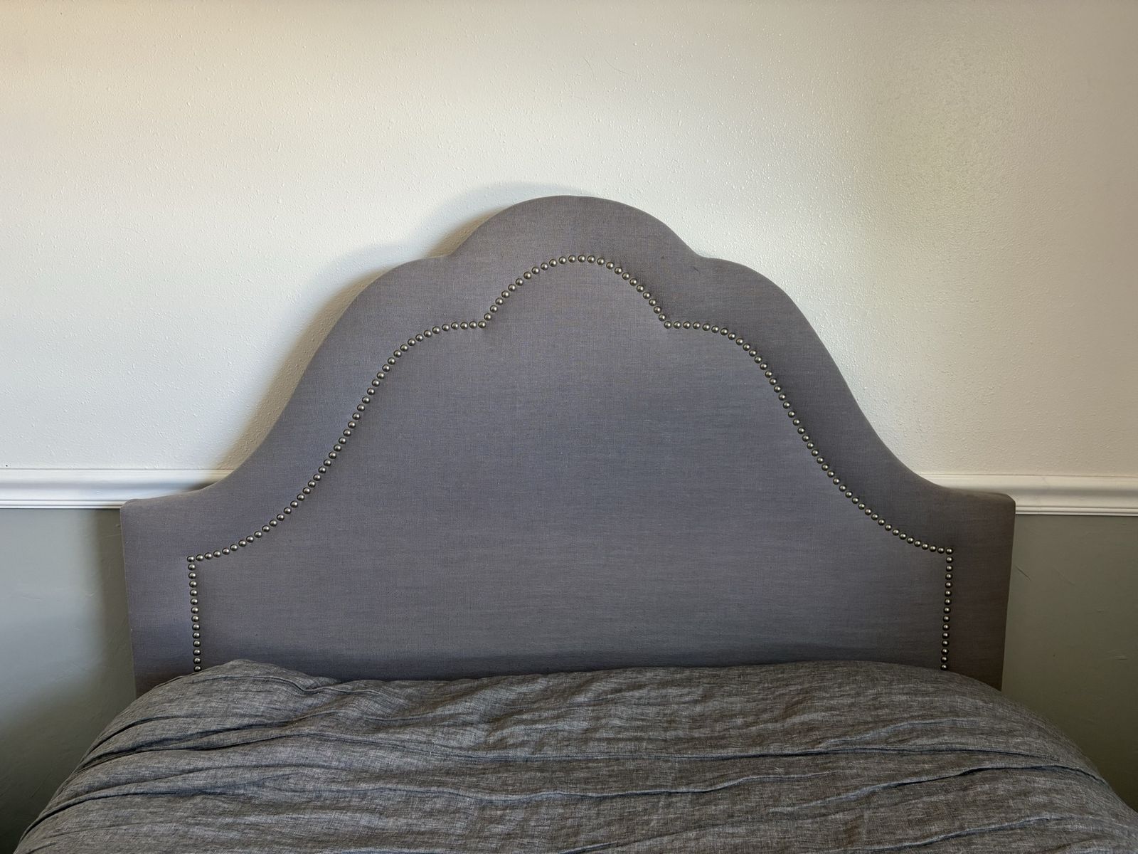 Upholstered Full Size Headboard with Bedframe - Gray Fabric with Nailhead Trim, Scalloped Design