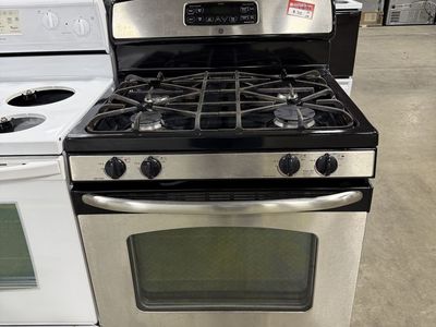 GE Stainless Steel Gas Range Stove Oven with Black Cooktop and Electronic Controls