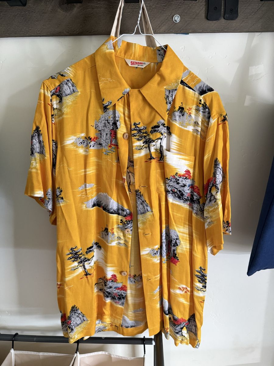 Cliff Booth Once Upon a Time…shirt! SENSHI Men's Yellow Hawaiian Shirt with Mountain & Tree Print, Short Sleeve