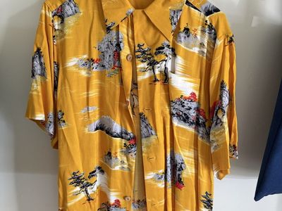 Cliff Booth Once Upon a Time…shirt! SENSHI Men's Yellow Hawaiian Shirt with Mountain & Tree Print, Short Sleeve
