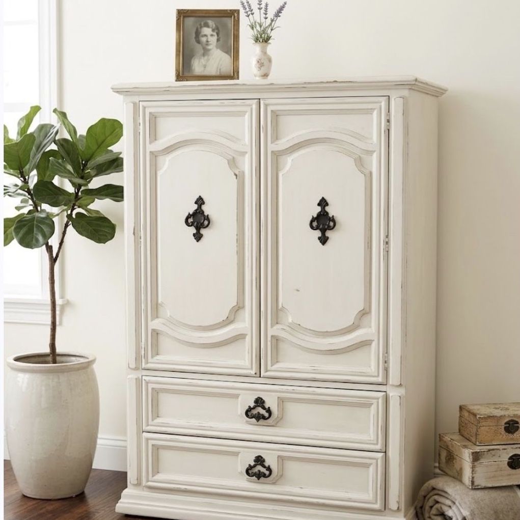 Shabby Chic White Armoire/Wardrobe - Storage Cabinet with Drawers and Ornate Hardware
