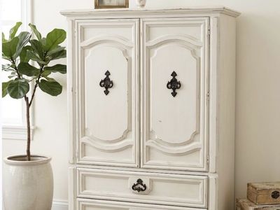 Shabby Chic White Armoire/Wardrobe - Storage Cabinet with Drawers and Ornate Hardware