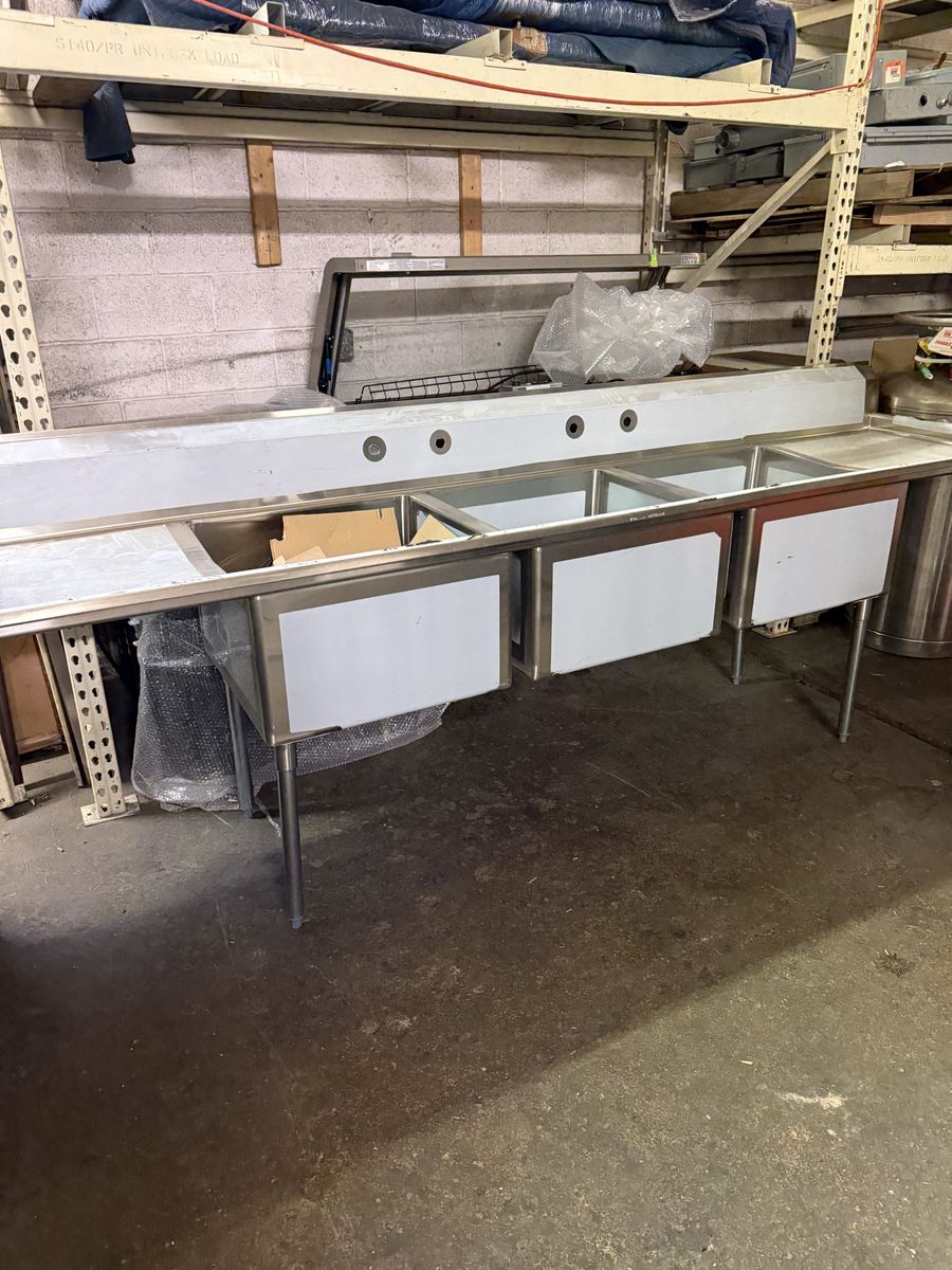 New 3 compartment sink 120” with 2 drain boards 24”X24” compartment 16 gauge