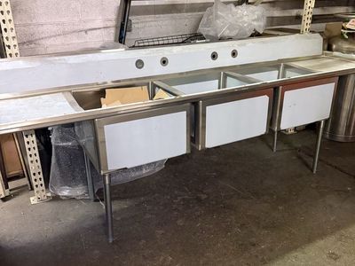 New 3 compartment sink 120” with 2 drain boards 24”X24” compartment 16 gauge