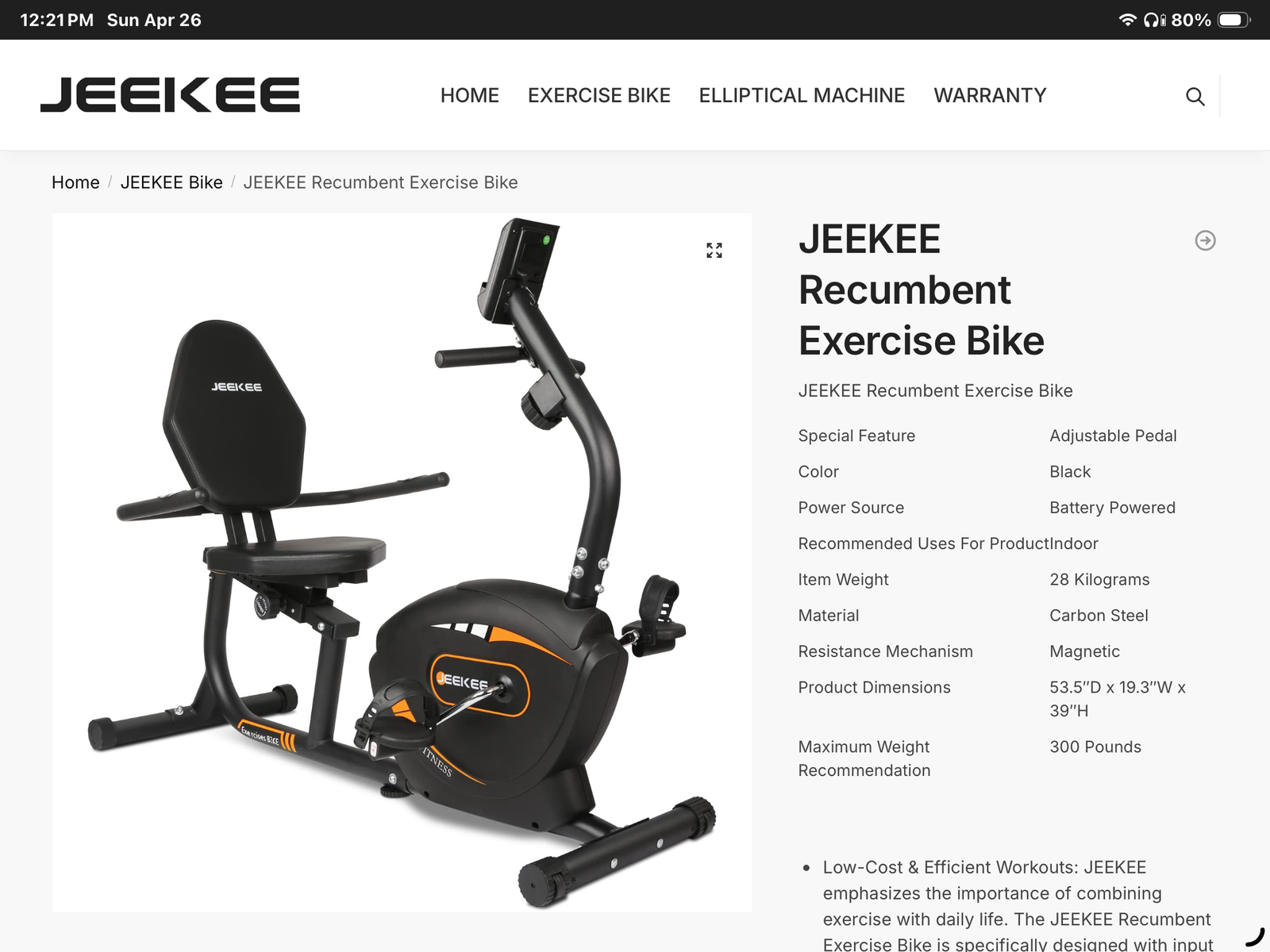 Jeekee Recumbent Exercise Bike