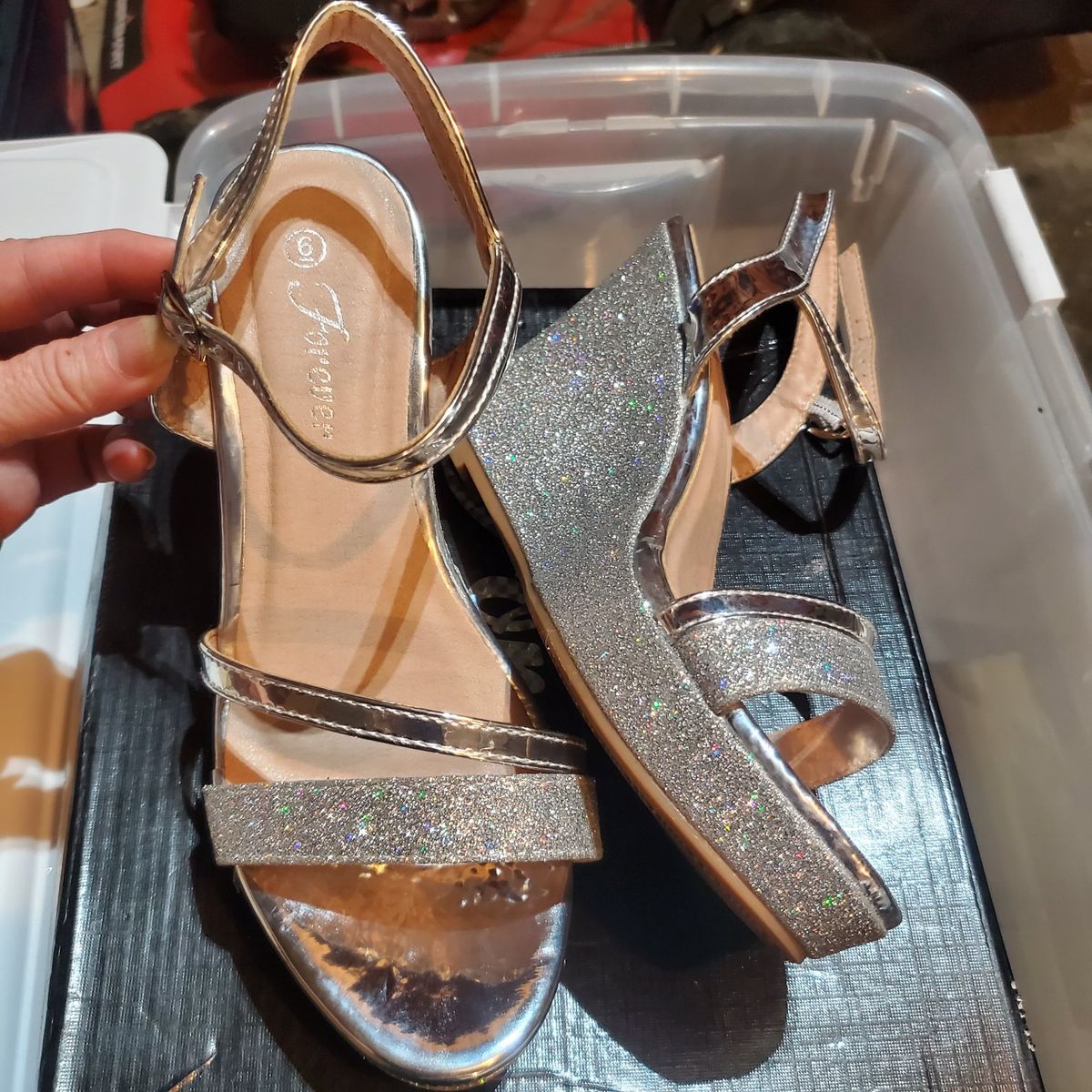 NEW - Forever Silver Glitter Wedge Sandals Size 7 Ankle Strap Heels