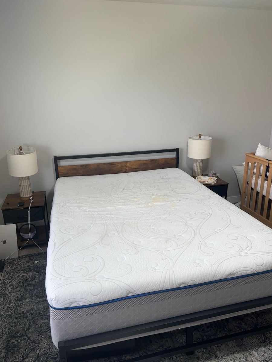 Queen Size Bed with Black Metal Frame & Wood Headboard - Mattress Included