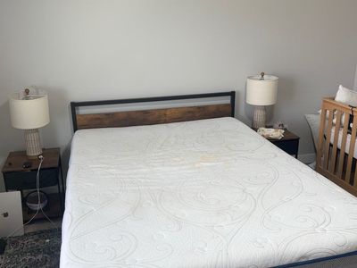 Queen Size Bed with Black Metal Frame & Wood Headboard - Mattress Included