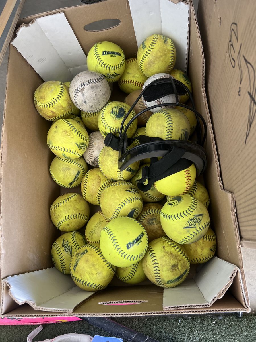 Box over 30 softballs pitching mask