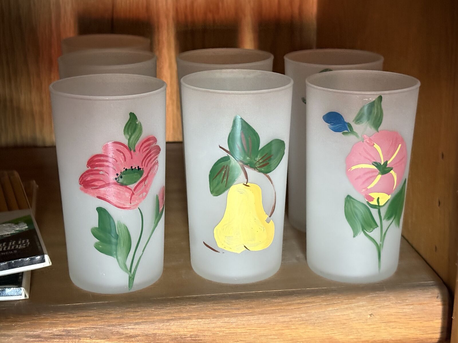 6 Vintage 1950’s mid century Federal frosted glasses. Pears, flowers hand painted