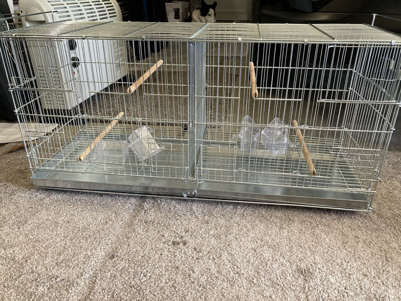 Used Double Breeding Bird Cage Aviary, Metal Wire, with Divider, dishes and Perches