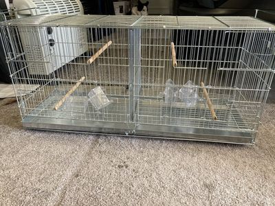 Used Double Breeding Bird Cage Aviary, Metal Wire, with Divider, dishes and Perches