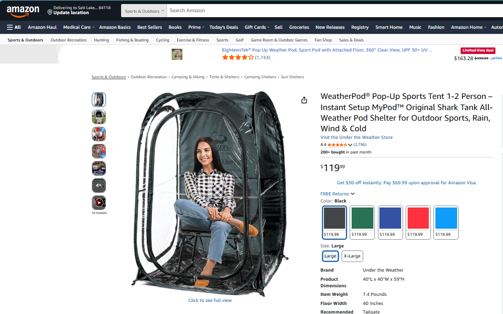 Pop Up Sports Tent, Weather Pod, (MYPOD) One Person Outdoor Shelter