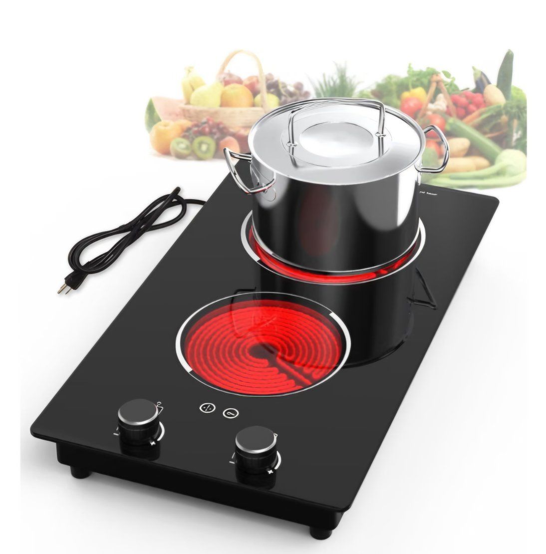 Electric Cooktop,110V 2100W Electric Stove Top with Knob Control, 10 Power Levels, Kids Lock & Timer, Hot Surface Indicator, Ove