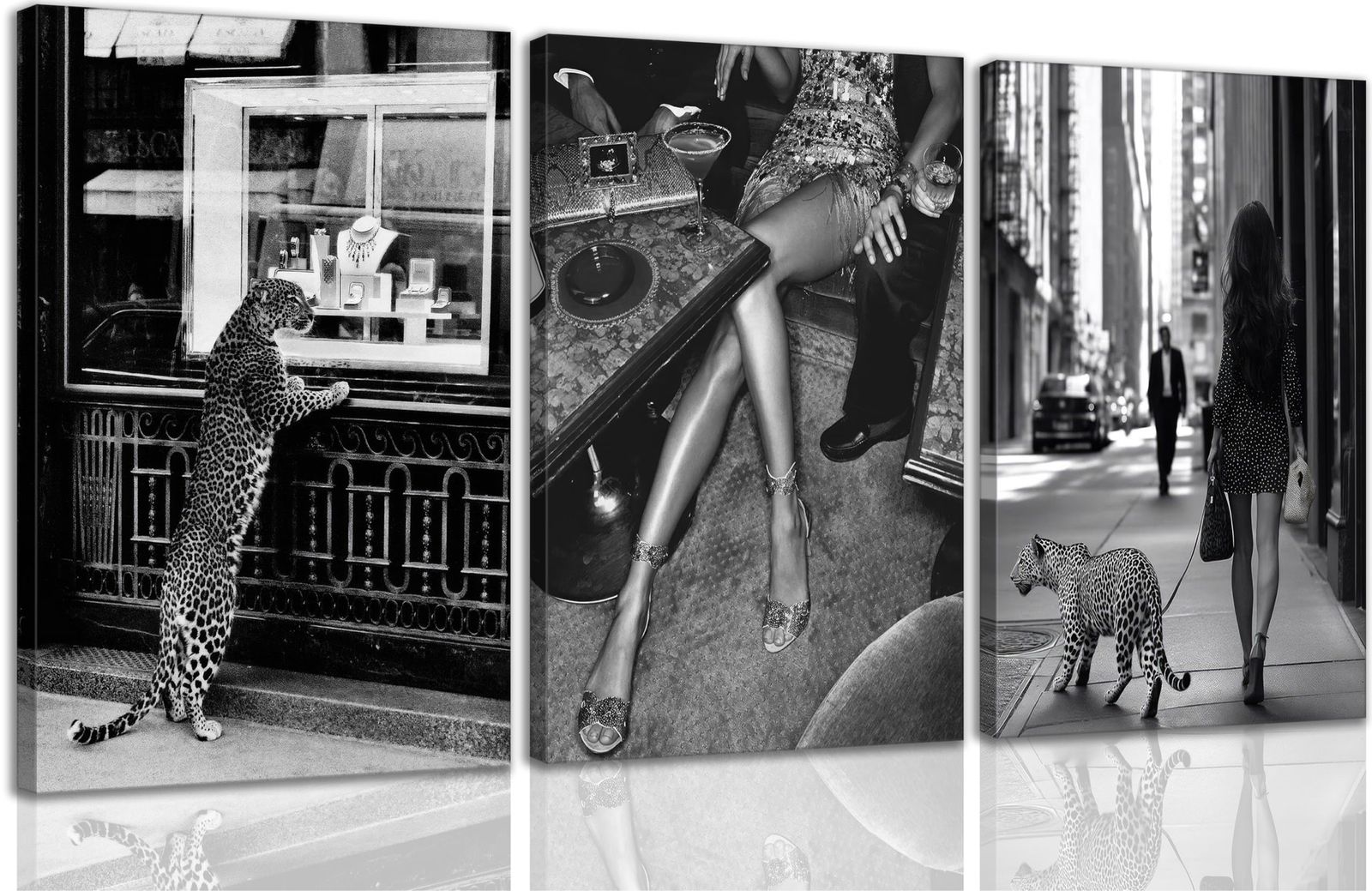 New! 3Pcs Funky Girl Leopard Canvas Wall Art Trendy Black and White Cheetah Picture Wall Decor Fashion Woman and Cheetah Poster 
