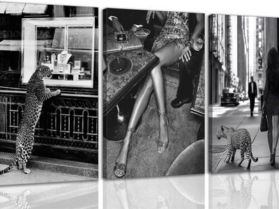 New! 3Pcs Funky Girl Leopard Canvas Wall Art Trendy Black and White Cheetah Picture Wall Decor Fashion Woman and Cheetah Poster