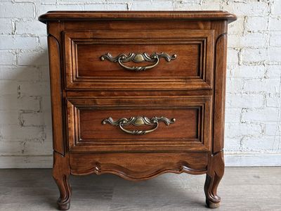 Vintage French Provincial 2-Drawer Nightstand - Wood, Brass Hardware, Carved Legs
