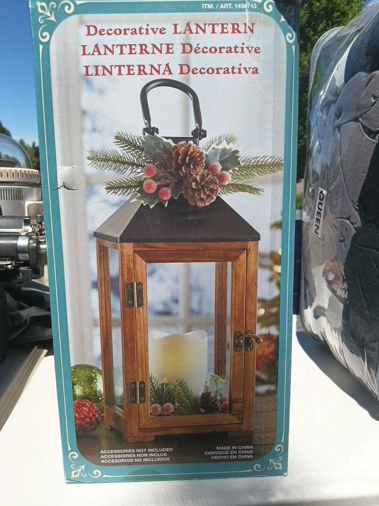 Decorative Wooden Lantern - Unused, Brown Wood Frame, Clear Glass Panels