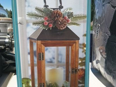 Decorative Wooden Lantern - Unused, Brown Wood Frame, Clear Glass Panels