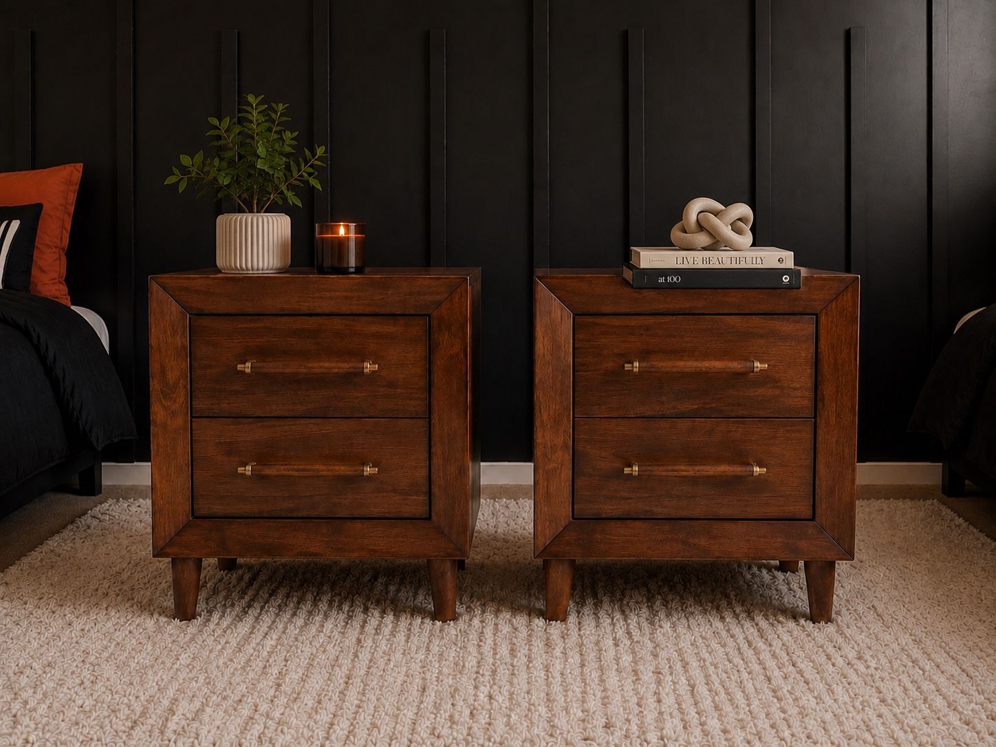 Ashley Mid-Century Modern Walnut Nightstands - Matching Pair (Model B615-92)