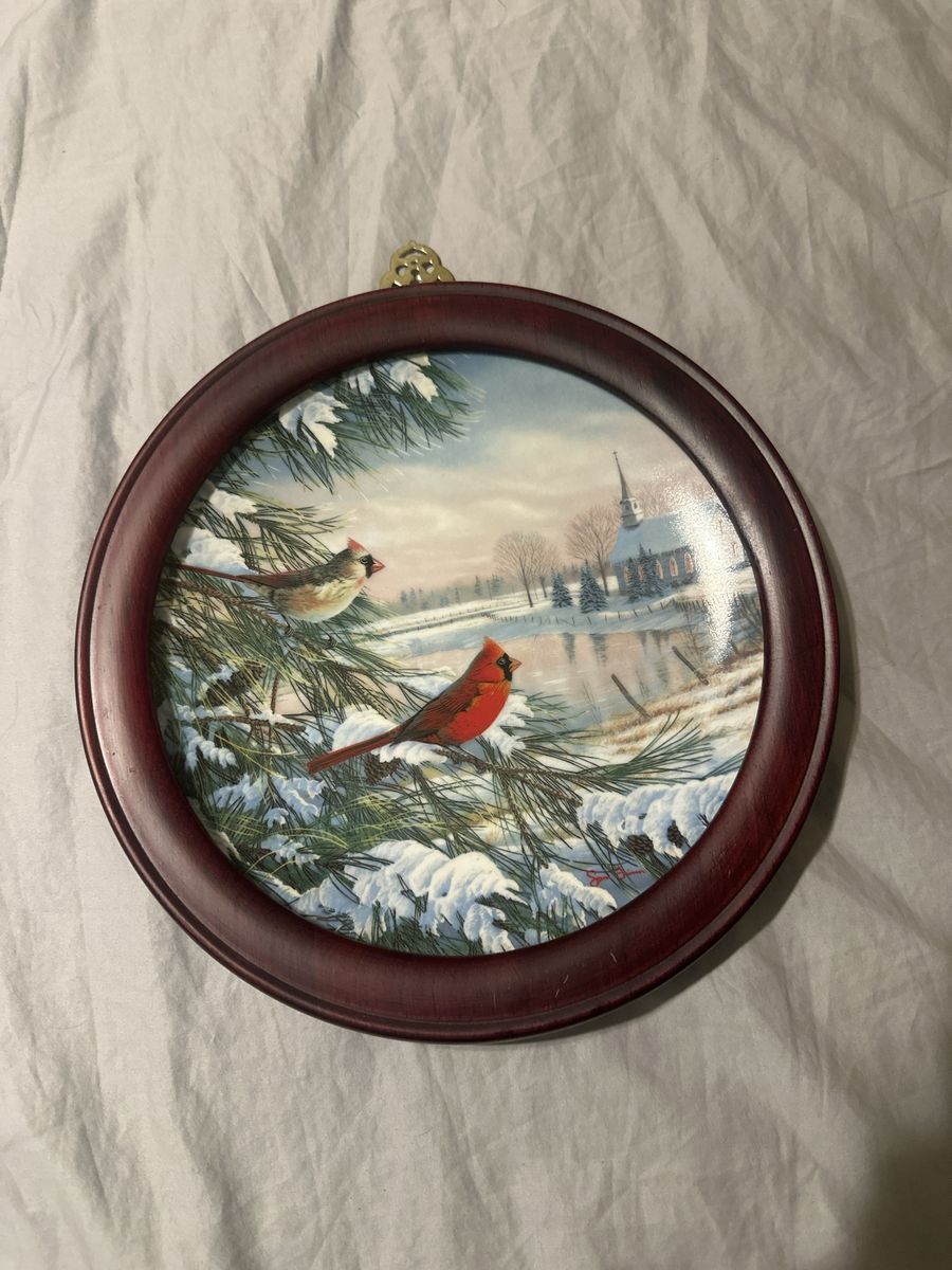 Vintage 1990 Edwin M. Knowles 'Cardinals in Winter' Collector Plate by Sam Timm Framed
