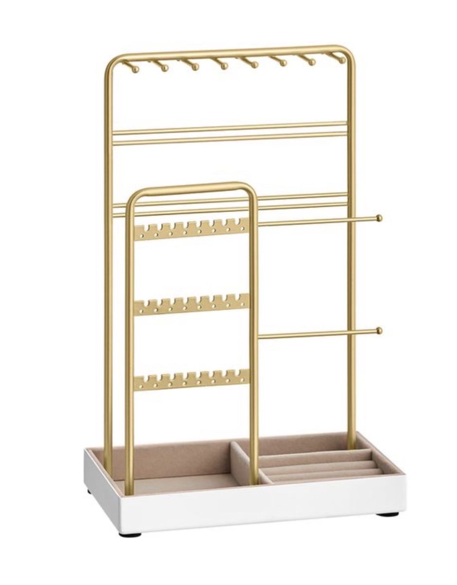 SONGMICS JJS028A01 Gold & White Jewelry Stand Organizer with Earring, Necklace, Bracelet Holders