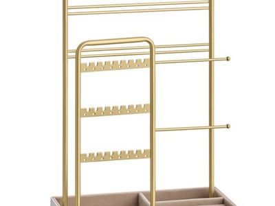 SONGMICS JJS028A01 Gold & White Jewelry Stand Organizer with Earring, Necklace, Bracelet Holders