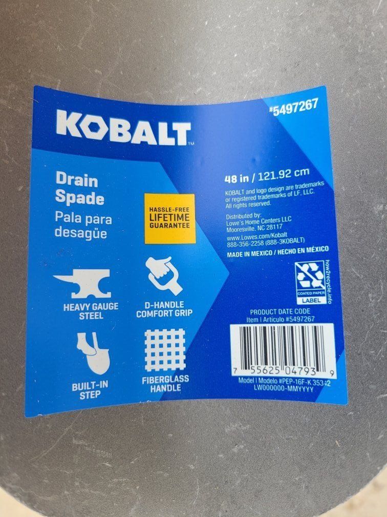 Kobalt 48in Drain Spade w/ Fiberglass Handle & Comfort Grip - Heavy Gauge Steel