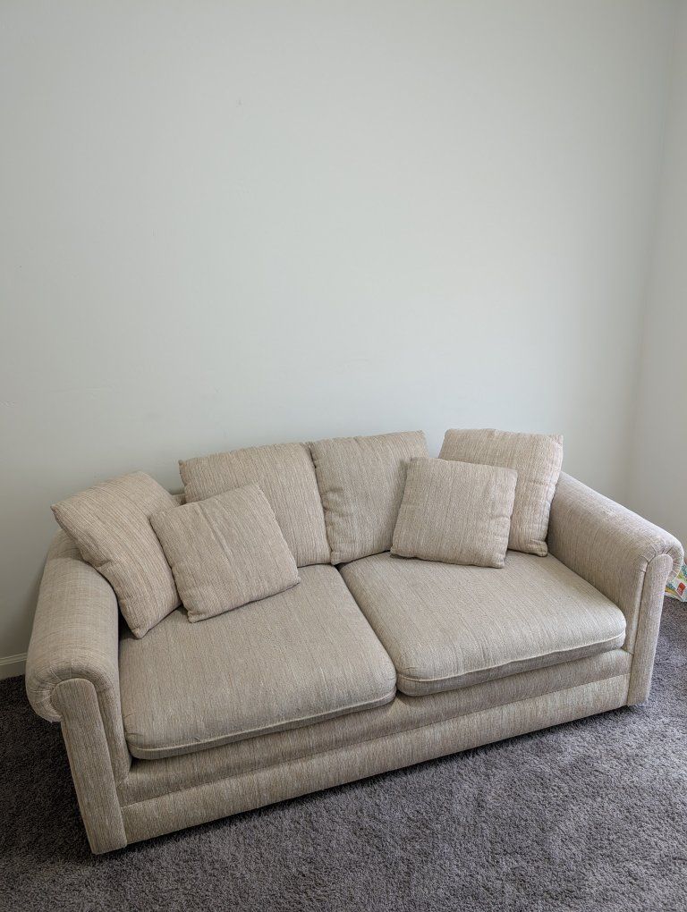 Used Beige Fabric Loveseat Sofa with Throw Pillows - Moderate Wear