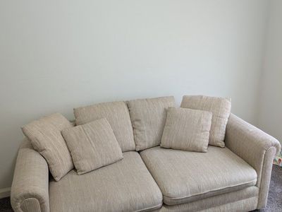 Used Beige Fabric Loveseat Sofa with Throw Pillows - Moderate Wear