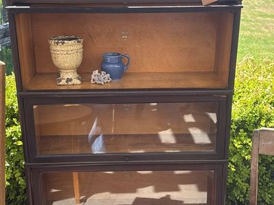 1920’s “Macey”Antique Dark Wood Barrister Bookcase with Glass Doors - 3 Stackable Sections, Vintage Storage
