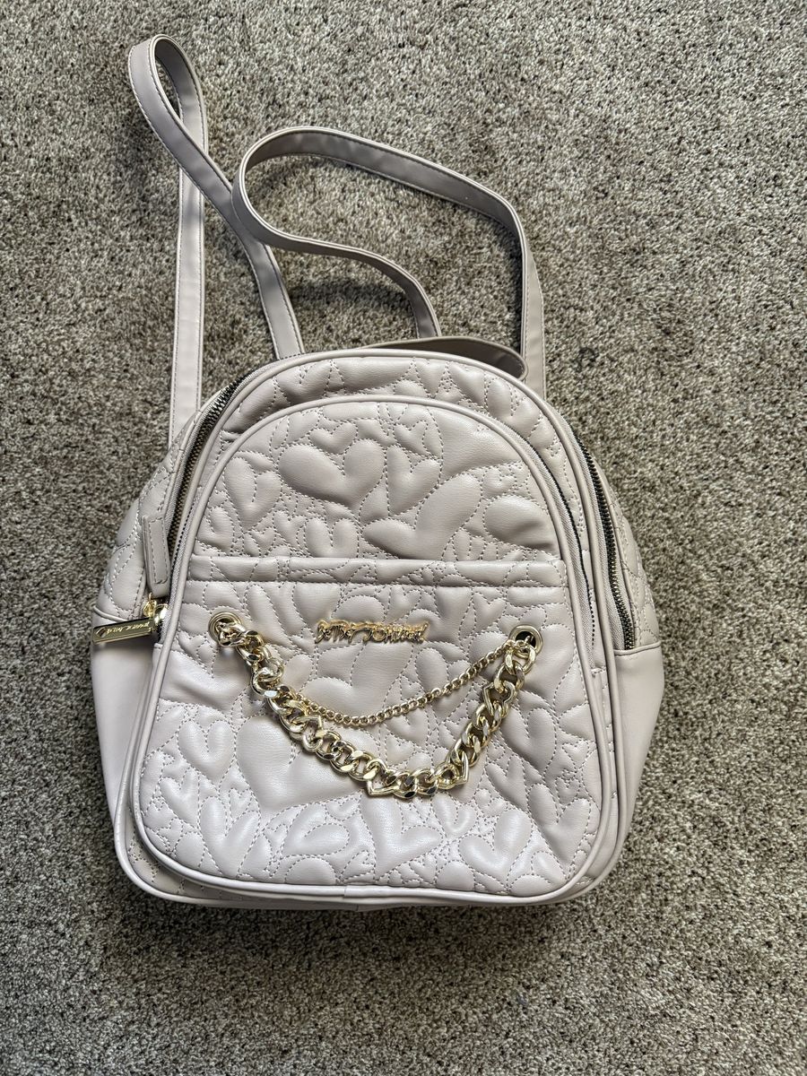 Betsey Johnson Quilted Heart Mini Backpack Beige Gold Chain