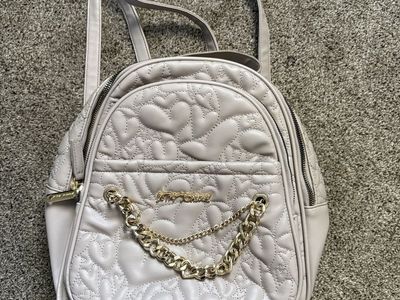 Betsey Johnson Quilted Heart Mini Backpack Beige Gold Chain