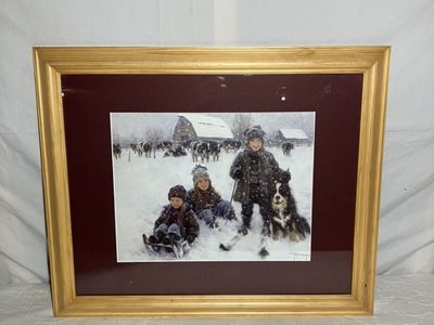 Framed Winter Scene Art Print Kids Dog Snow Barn