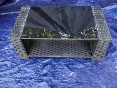 Wicker Rattan Patio Coffee Table with Tempered Glass Top, Outdoor/Indoor, Gray