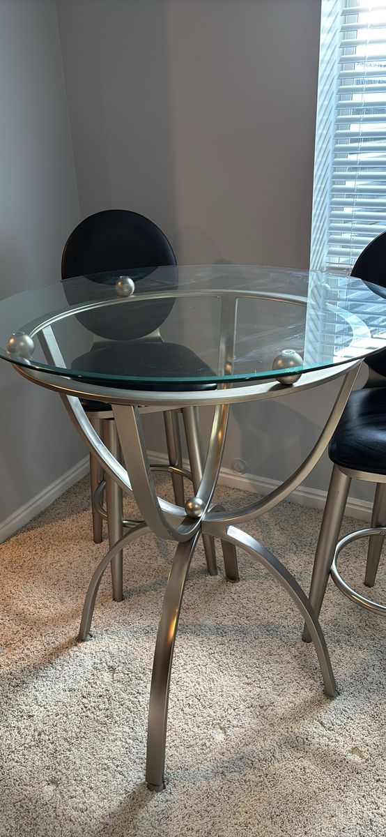 Glass Top Bistro Table with 4 Bar Stools - Modern Metal Frame Dining Set