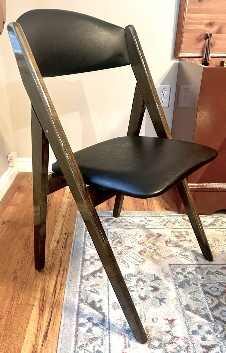 Four Elegant Wood/Black Leather Folding Chairs